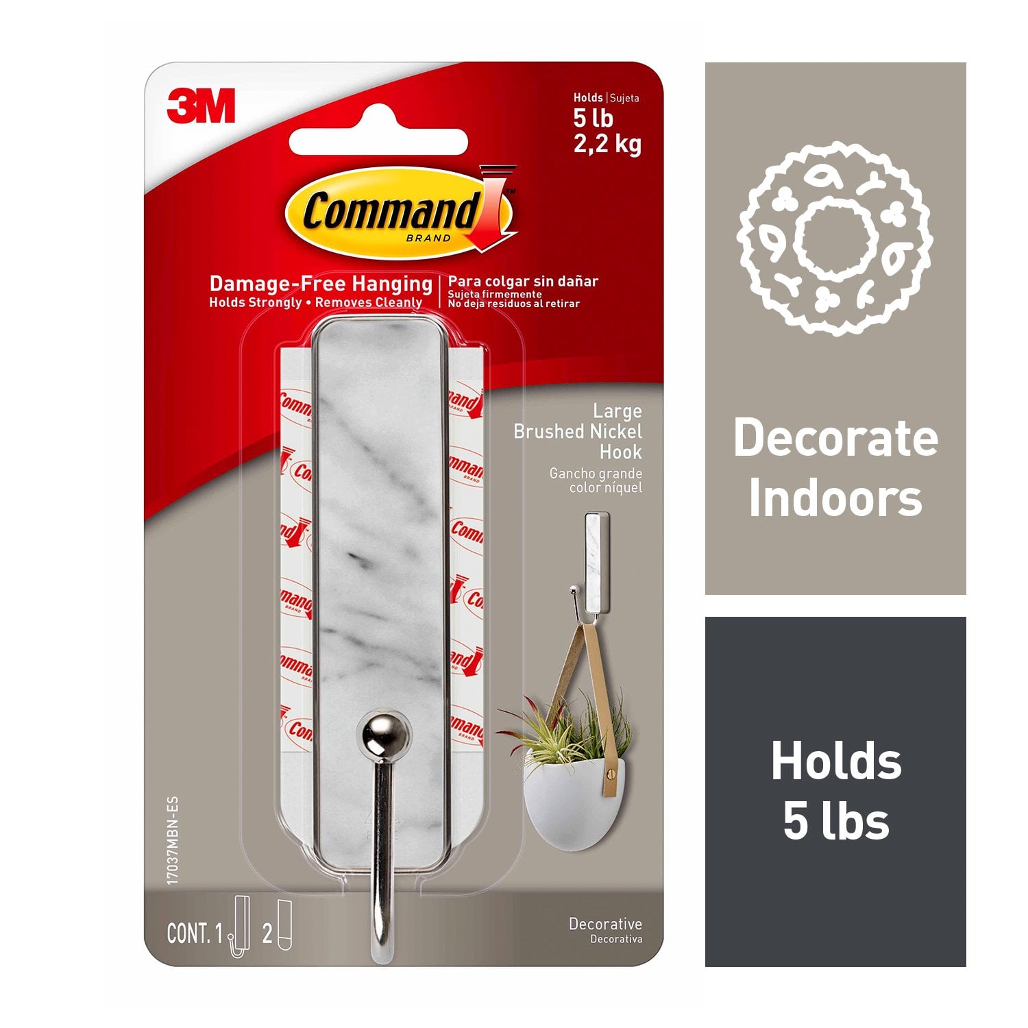7100187891 - Command Large Brushed Nickel Hook, Marble Finish, 1 Hook, 2 Strips, 17037MBN-ES