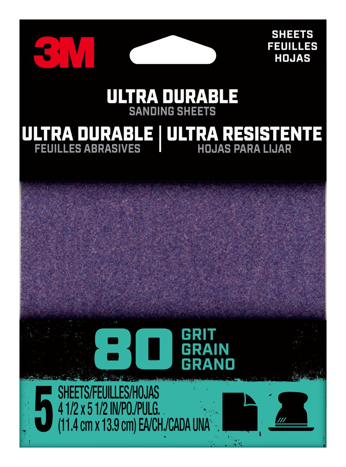 7100198734 - 3M Ultra Durable Power Sanding 1/4 Sheet, 80 grit, 1/4Sht5pk80, 5 pk, 20/case