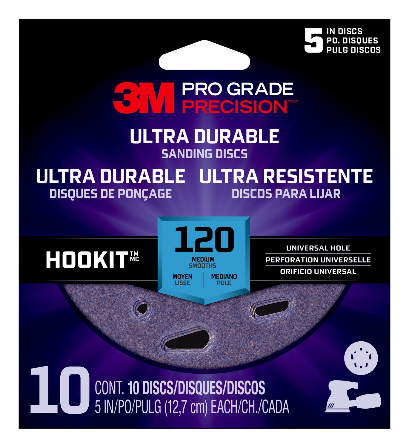 7100202877 - 3M Pro Grade Precision Ultra Durable Universal Hole Sanding Disc,
DUH5120TRI-10T, 5 IN x UH, 120, 10 pack