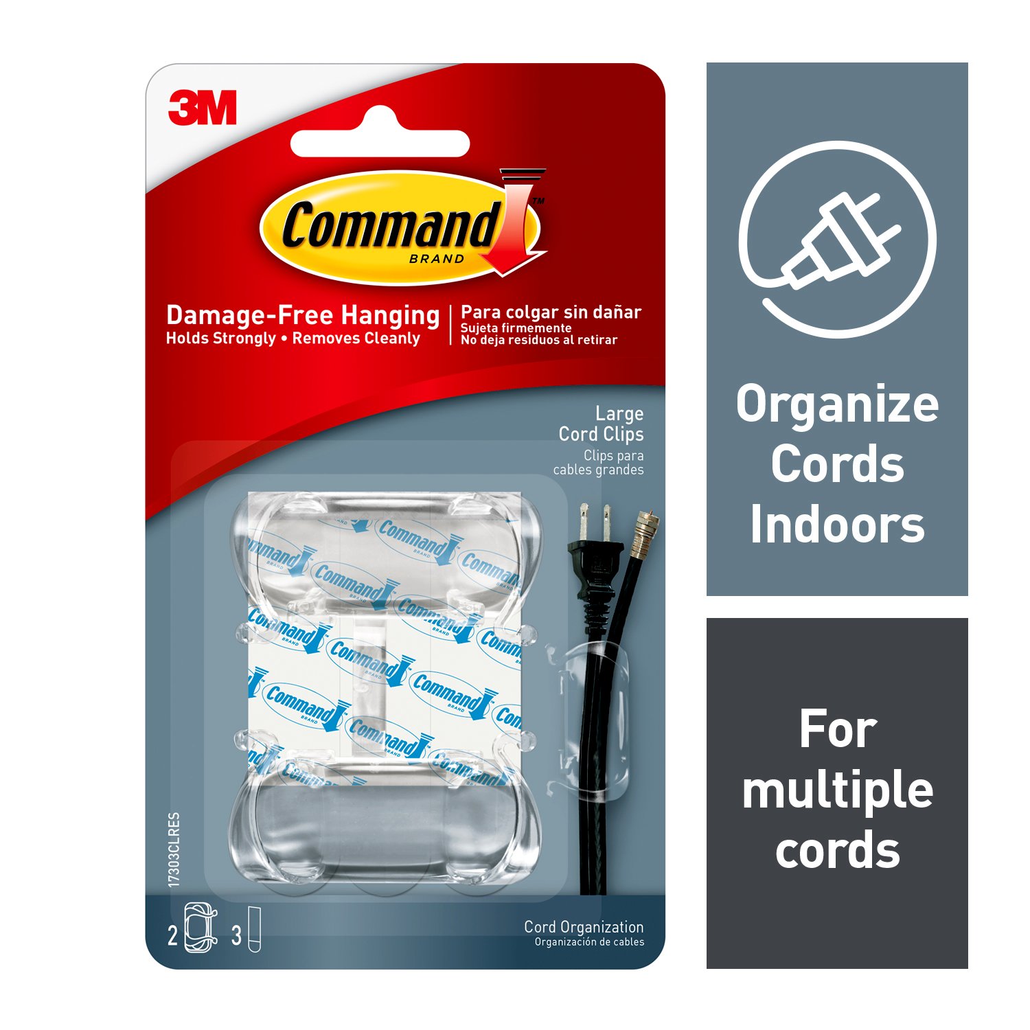 7100057149 - Command Clear Large Cord Clips, 17303CLRES, 2 Clips, 3 Strips