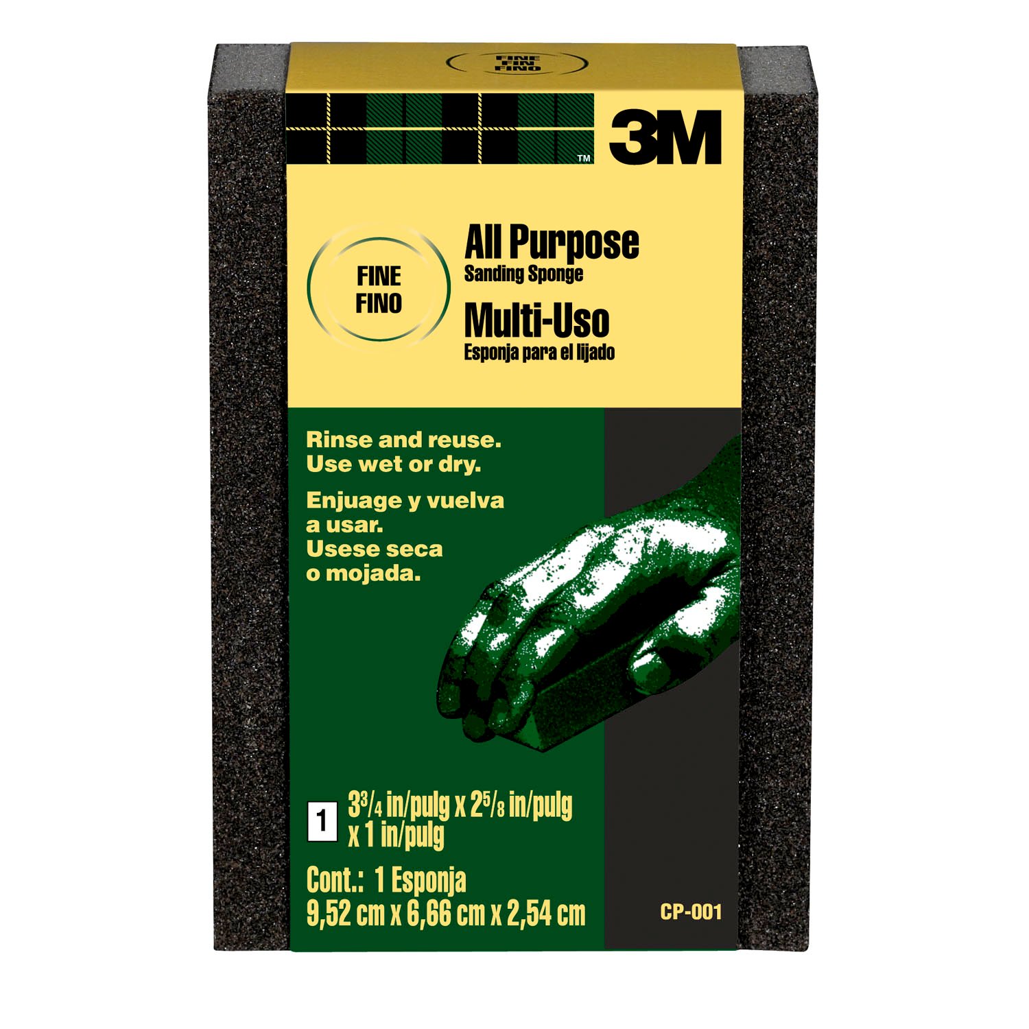 7100245164 - 3M General Purpose Sanding Sponge CP-001A, Block, 3 3/4 in x 2 5/8 in x 1 in, Fine, Bulk, 250/cs