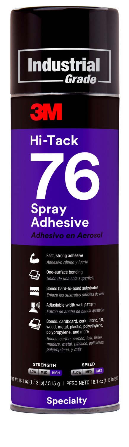 7000046589 - 3M Hi-Tack Spray Adhesive 76, Clear, 24 fl oz Can (Net Wt 18.1 oz),
12/Case, NOT FOR SALE IN CA AND OTHER STATES