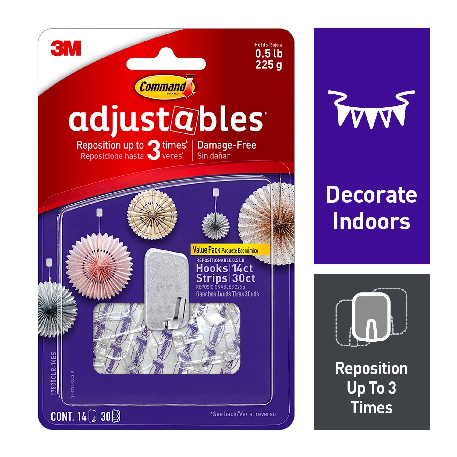 7100195880 - Command Adjustables Repositionable 1/2 lb Hooks, 14 Hooks, 30 Strips, 17830CLR-14ES