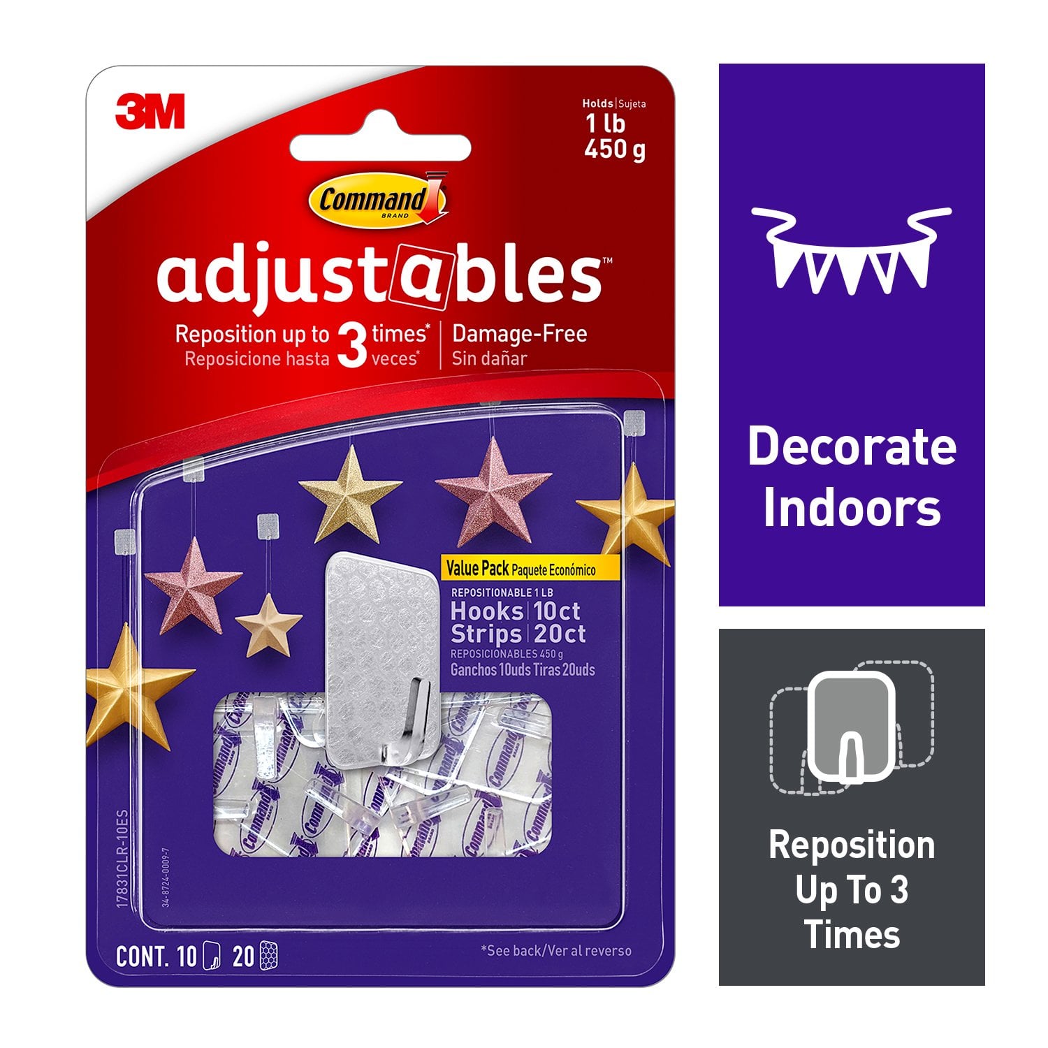 7100194135 - Command Adjustables Repositionable 1 lb Hooks, 10 Hooks, 20 Strips, 17831CLR-10ES