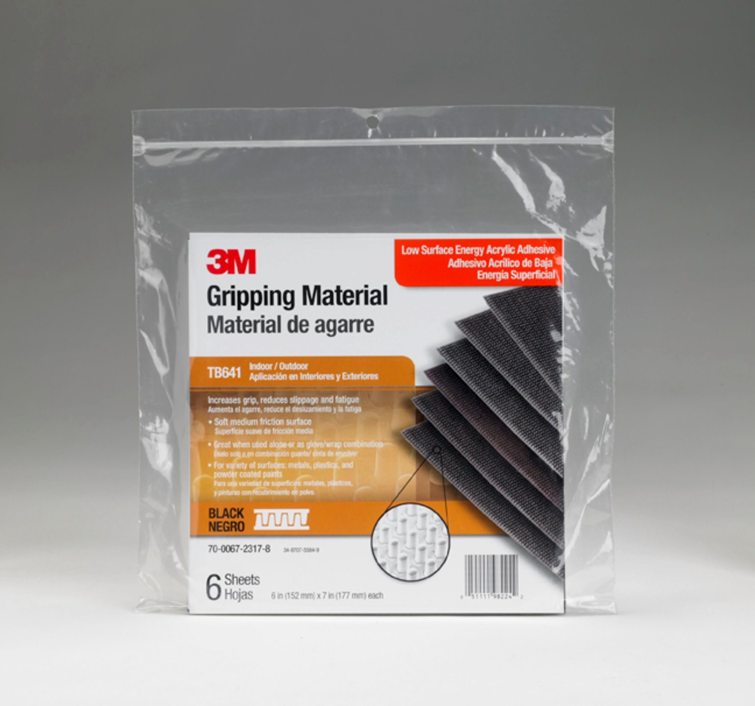 7000049649 - 3M Gripping Material TB641, Black, 6 in x 7 in, 6 sheets per bag