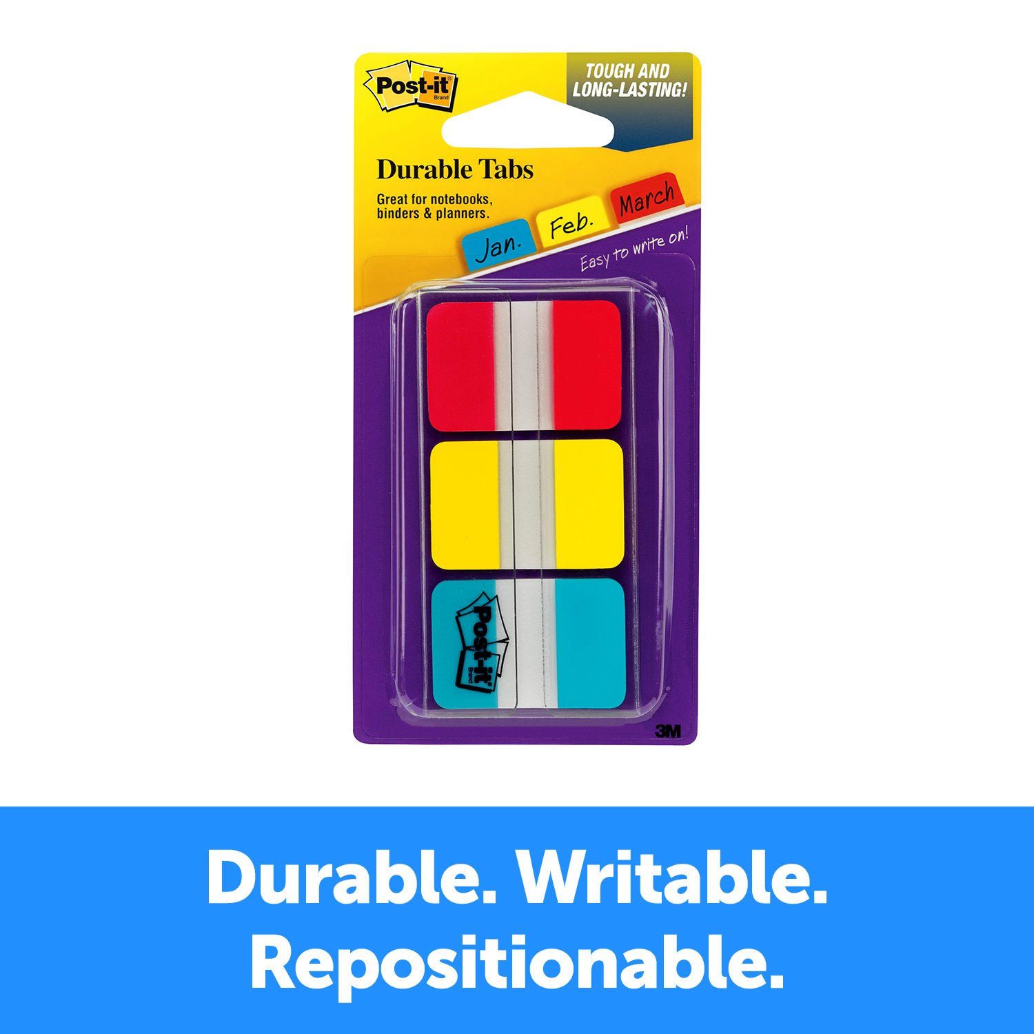7010369233 - Post-it Durable Tabs 686-RYBT, 1 in x 1.5 in Red, Yellow, Blue 24 each/cs