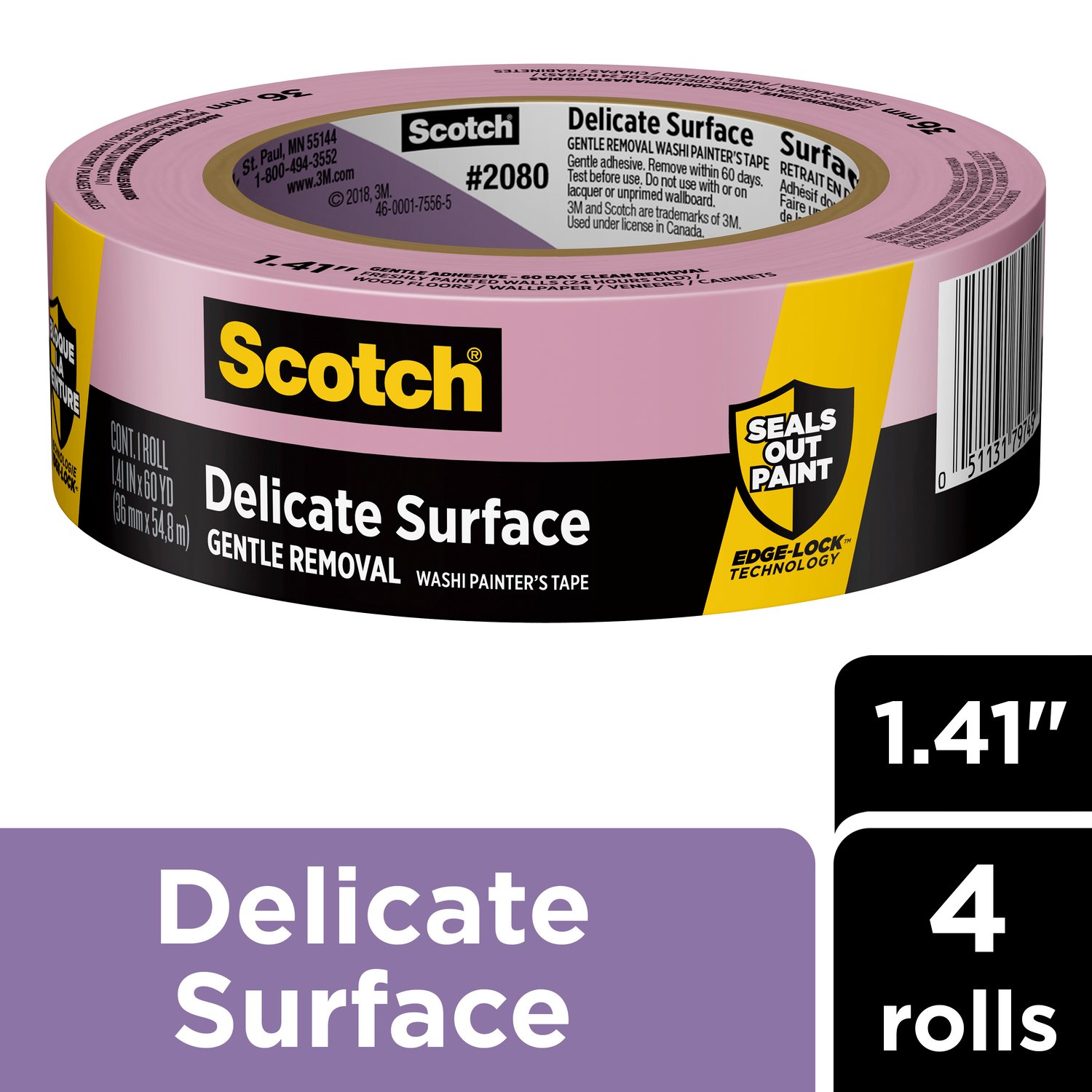 7100193520 - Scotch Delicate Surface Painter's Tape 2080-36DP4, 1.41 in x 60 yd.
(36mm x 54,8m), 4 rolls/pack