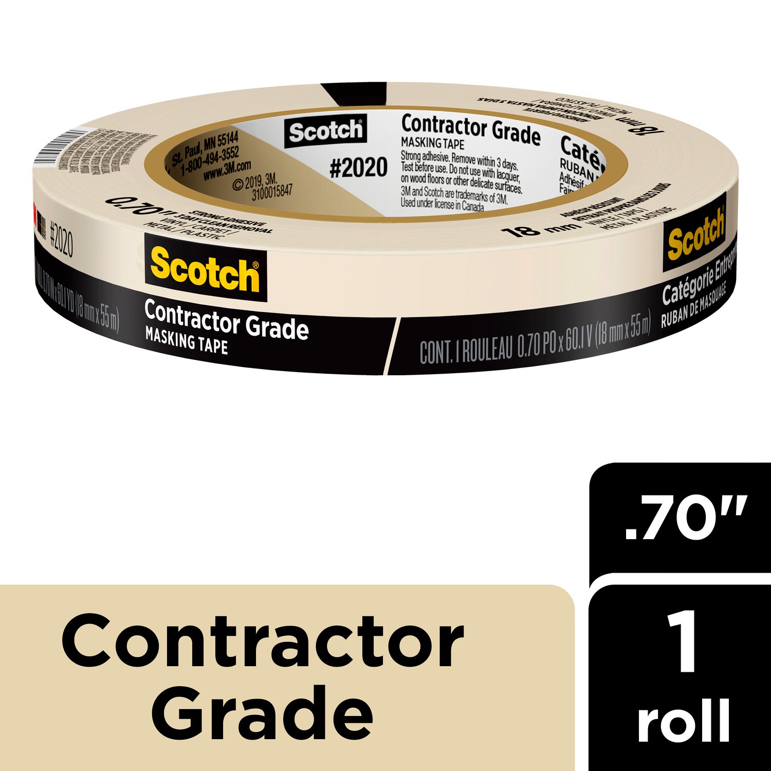7100186349 - Scotch Contractor Grade Masking Tape 2020-18AP, 0.70 in x 60.1 yd (18mm x 55m)