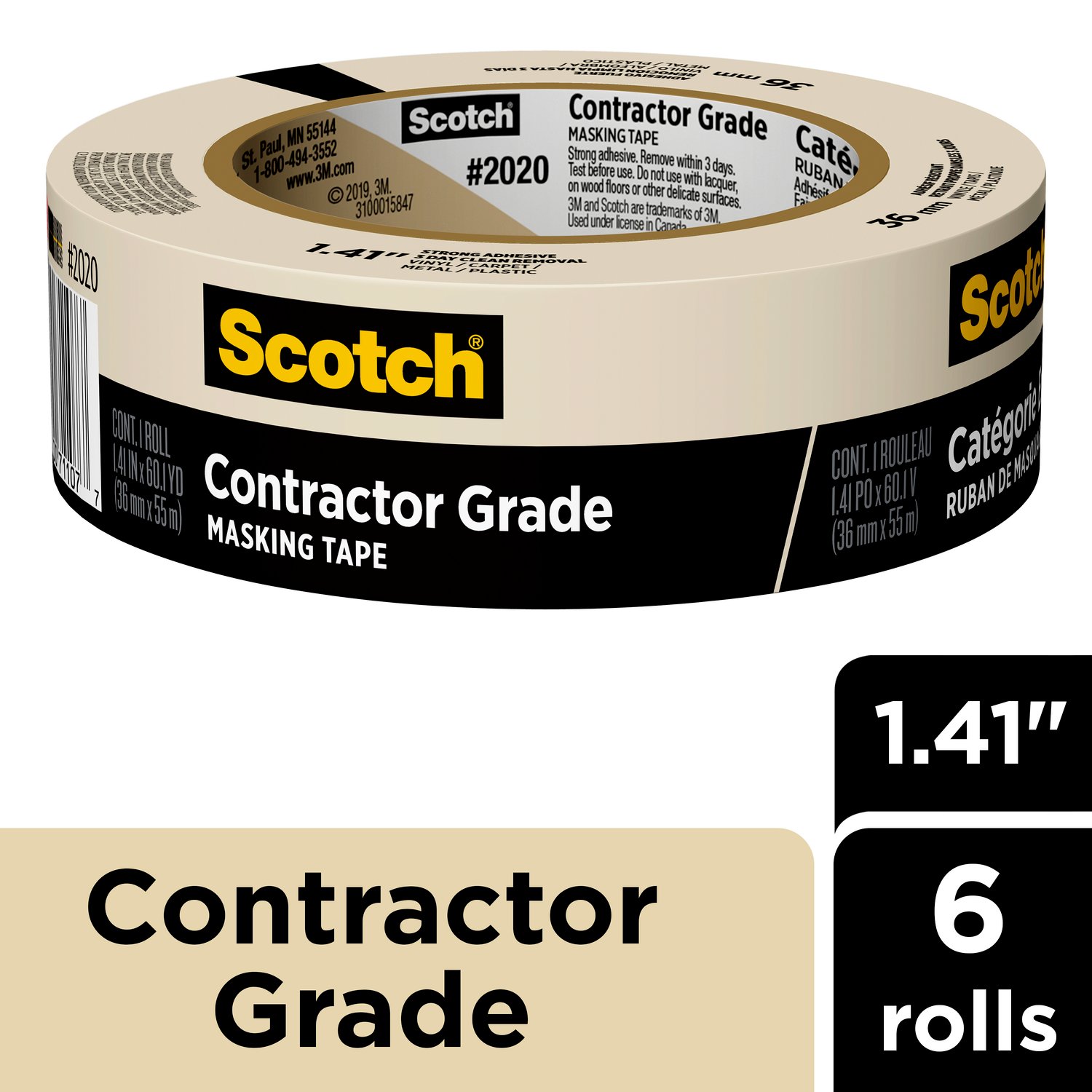 7100187756 - Scotch Contractor Grade Masking Tape 2020-36AP6, 1.41 in x 60.1 yd (36mm x 55m), 6 rolls/pack