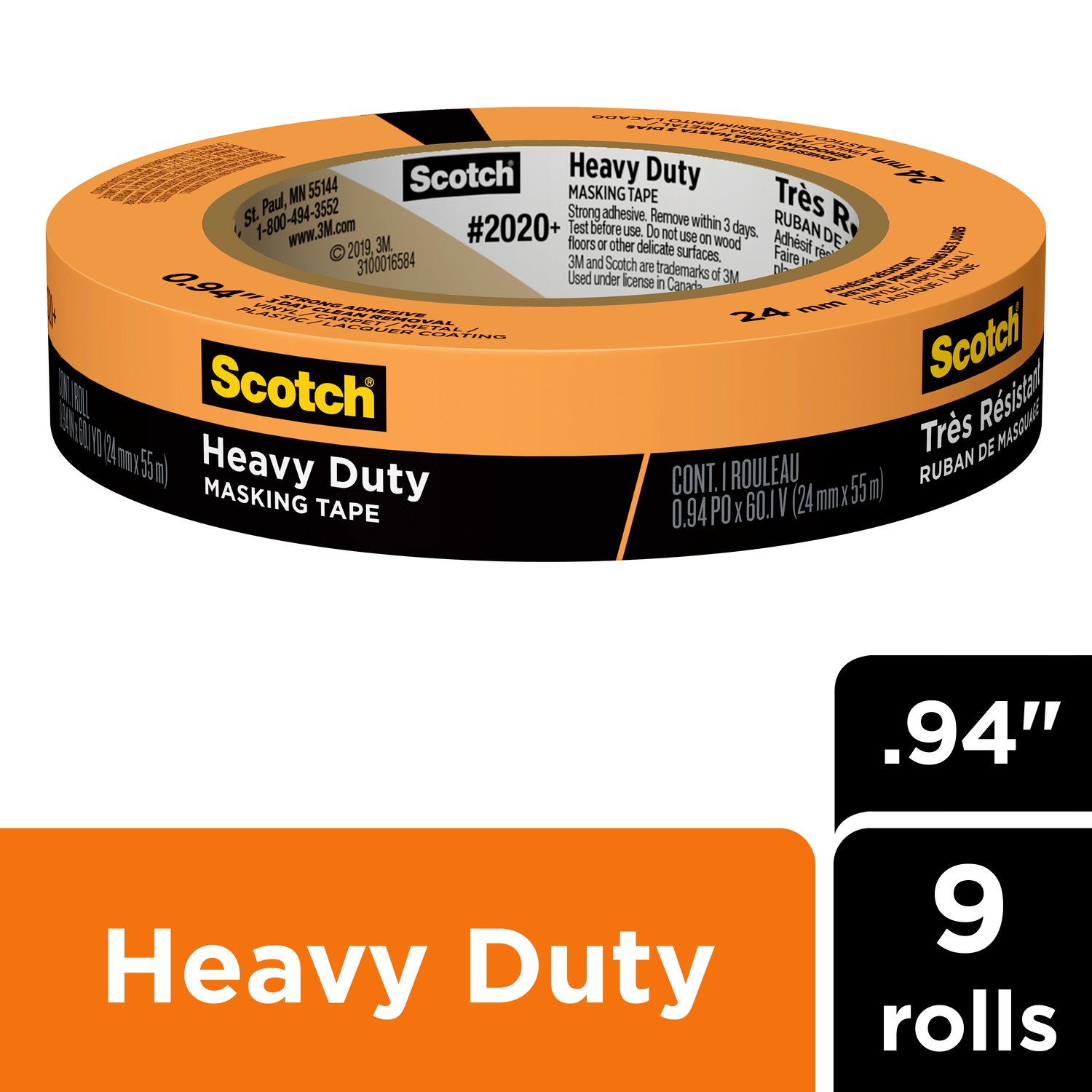 7100191064 - Scotch Heavy Duty Masking Tape 2020+-24AP9, 0.94 in x 60.1 yd (24mm x 55m), 9 rolls/pack