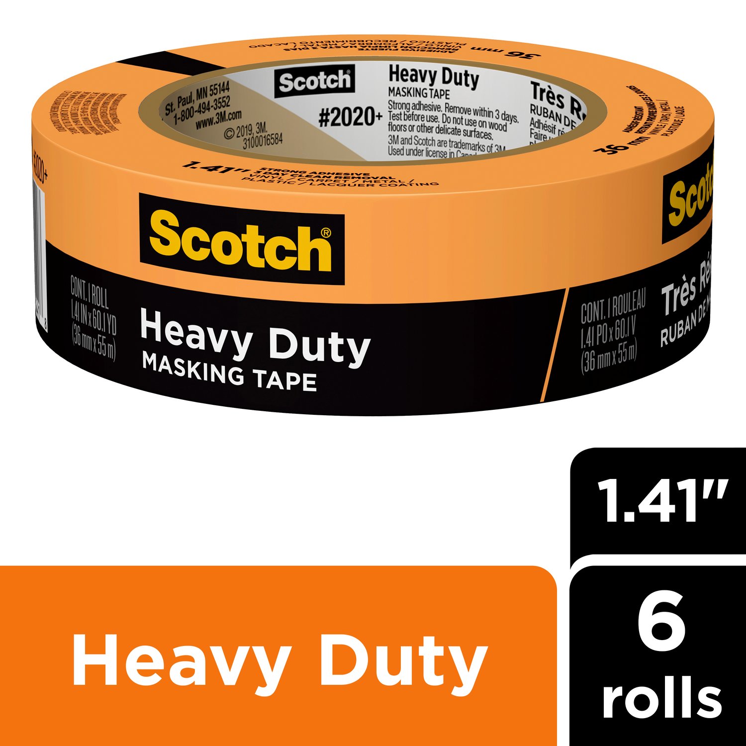 7100191062 - Scotch Heavy Duty Masking Tape 2020+-36AP6, 1.41 in x 60.1 yd (36mm x 55m), 6 rolls/pack
