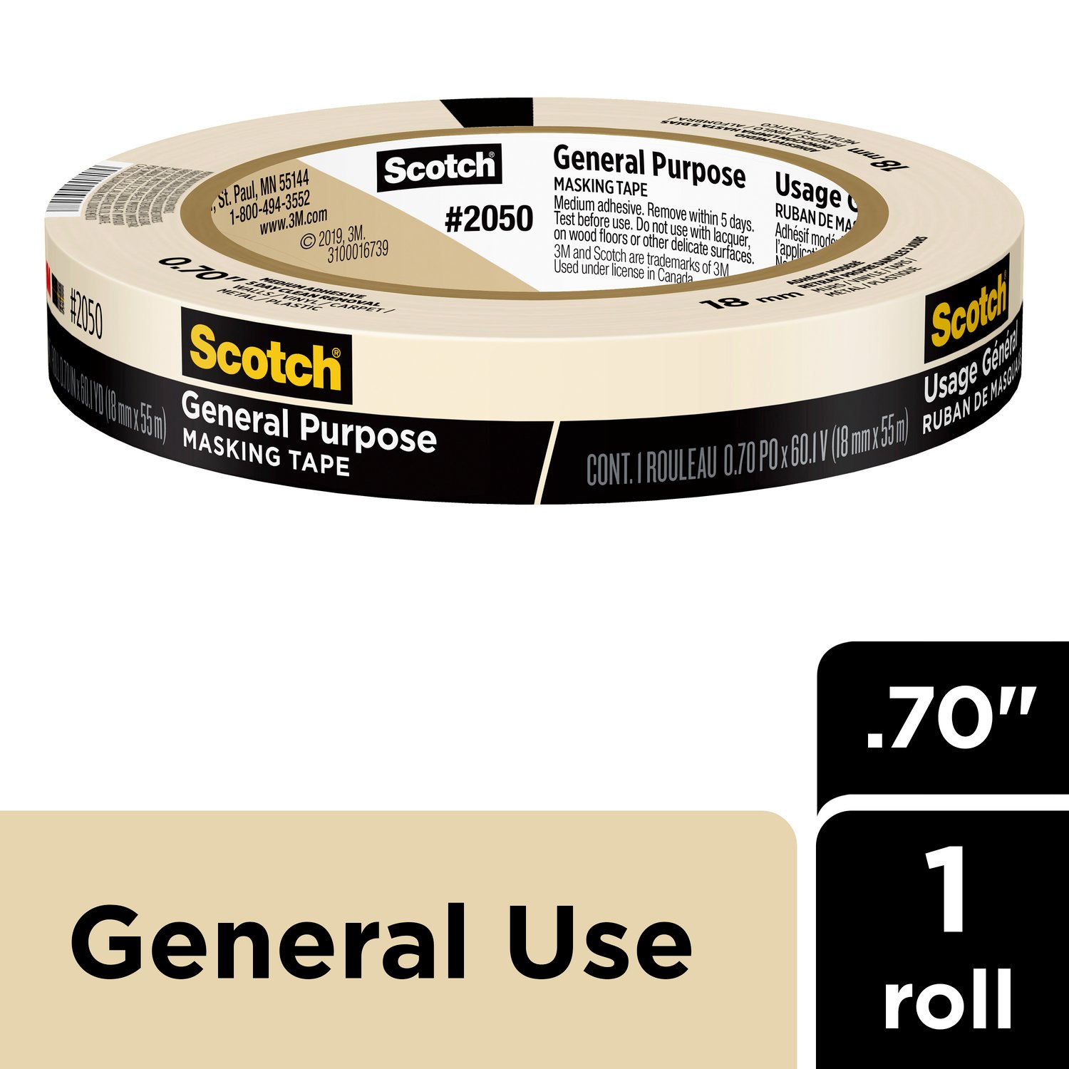7100191854 - Scotch General Purpose Masking Tape 2050-18AP, 0.70 in x 60.1 yd (18mm x 55m)