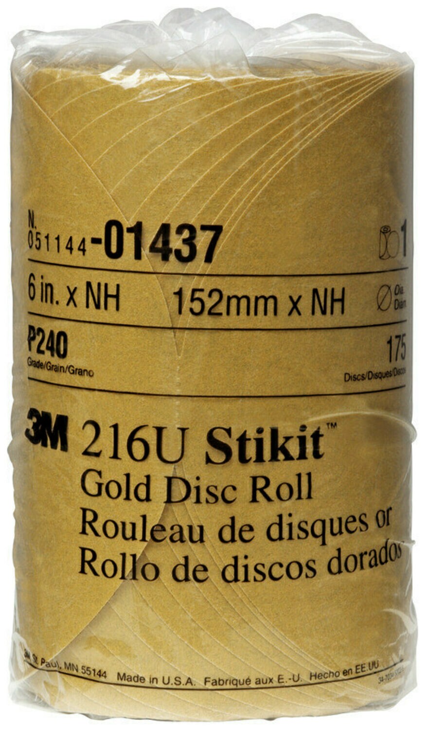 7000119704 - 3M Stikit Gold Disc Roll, 01437, 6 in, P240, 175 discs per roll, 6
rolls per case
