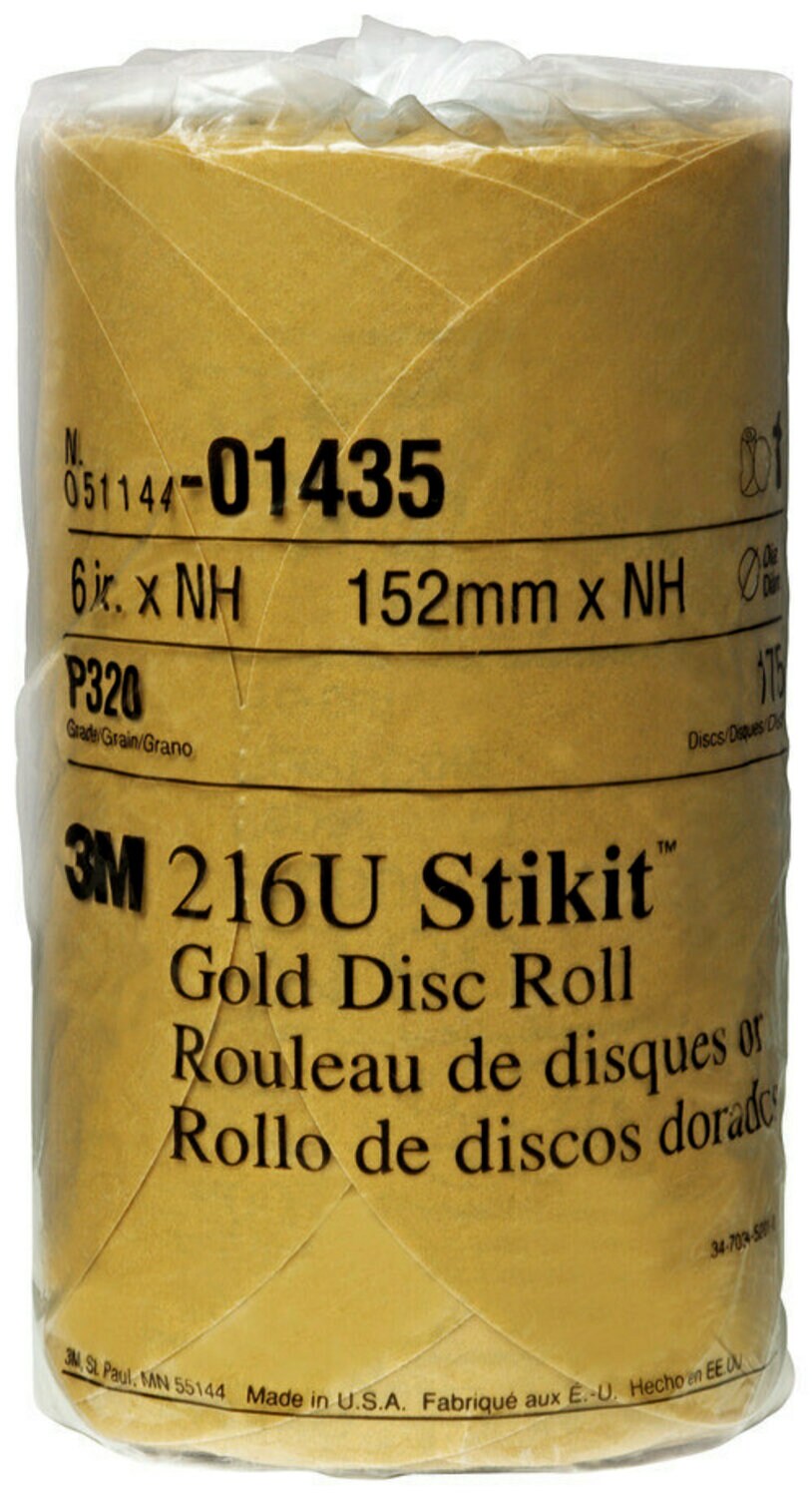 7000045430 - 3M Stikit Gold Disc Roll, 01435, 6 in, P320, 175 discs per roll, 6
rolls per case