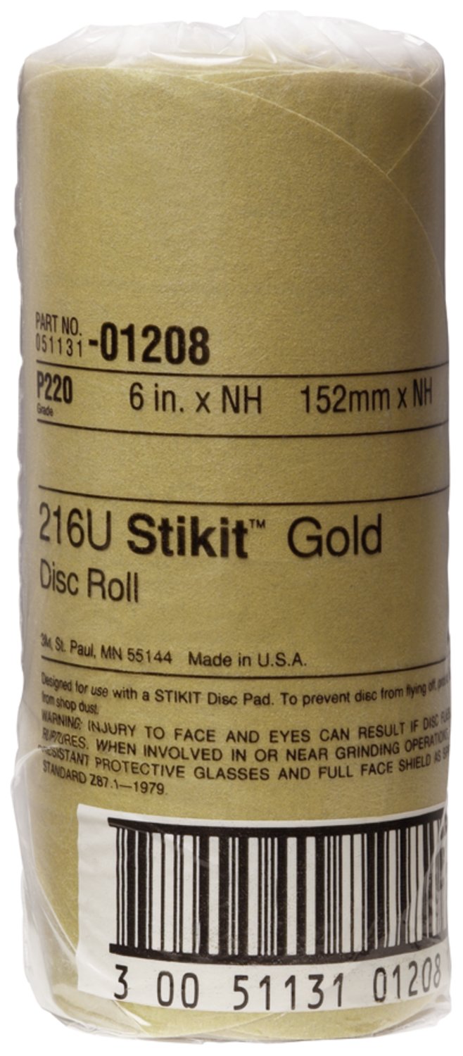 7000119706 - 3M Stikit Gold Disc Roll, 01208, 6 in, P220, 75 discs per roll, 12
rolls per case