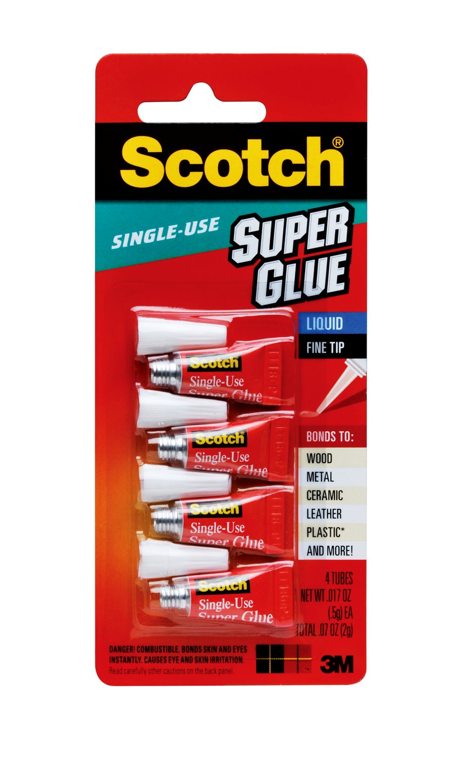 7000047643 - Scotch Super Glue Liquid AD114, 4-Pack of single-use tubes, .017 oz
each