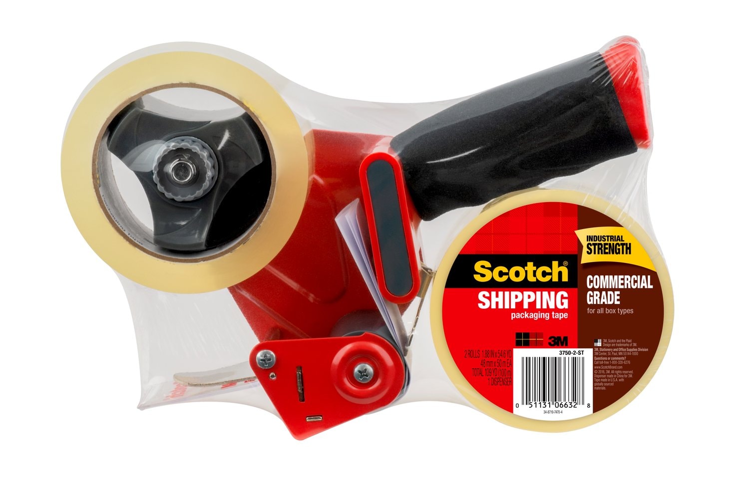 7100283053 - Scotch Commercial Grade Shipping Packaging Tape 3750-2-ST, 1.88 in x 54.6 yd (48 mm x 50 m) with Heavy Duty Dispenser