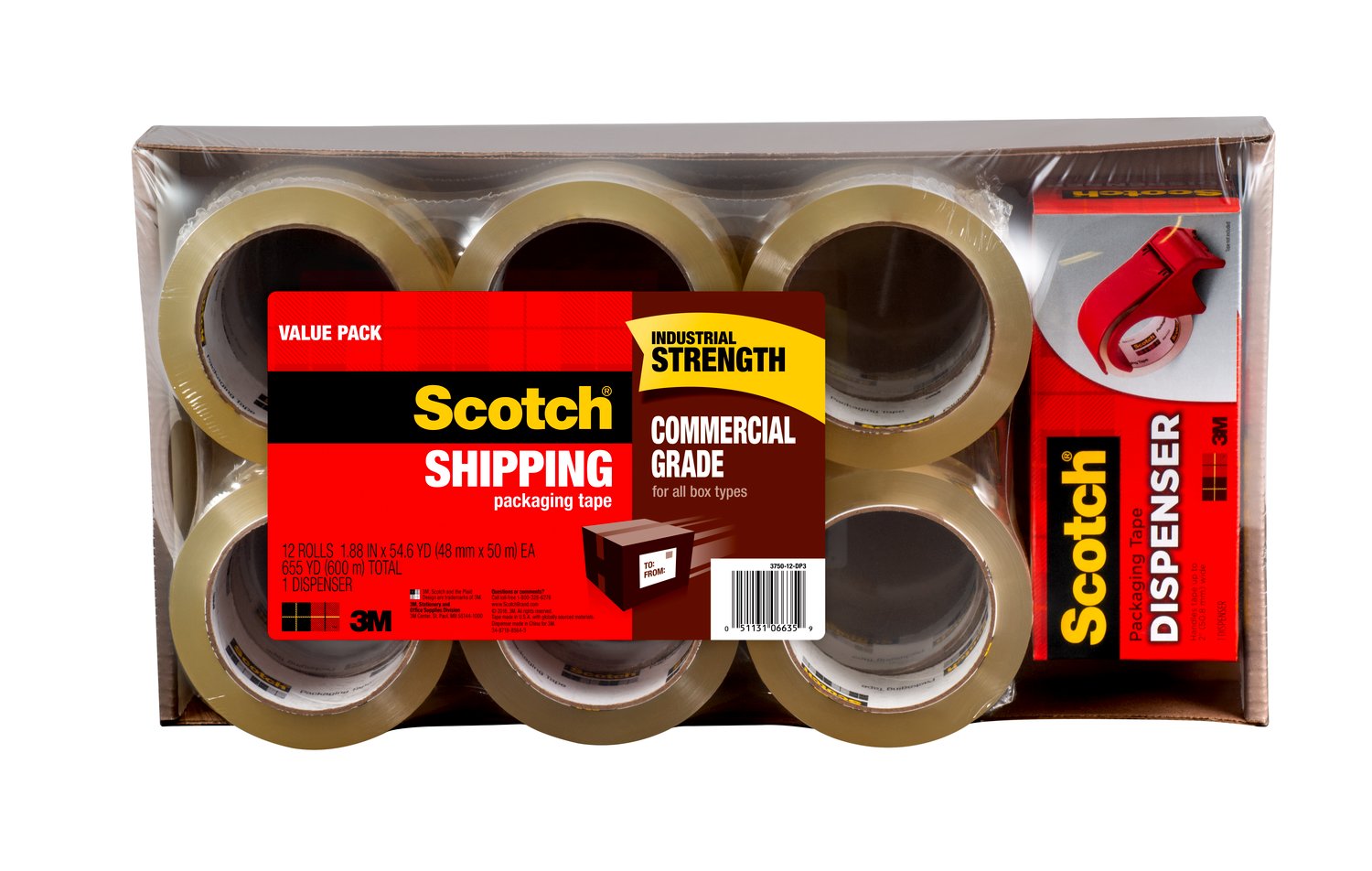 7010369599 - Scotch Commercial Grade Shipping Packaging Tape 3750-12-DP3, 1.88 in x 54.6 yd (48 mm x 50 m) 12 rolls with Dispenser