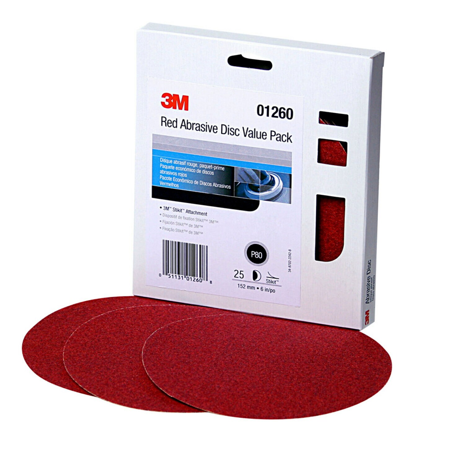 7010327776 - 3M Red Abrasive Stikit Disc Value Pack, 01260, 6 in, P80, 25 discs per carton, 4 cartons per case