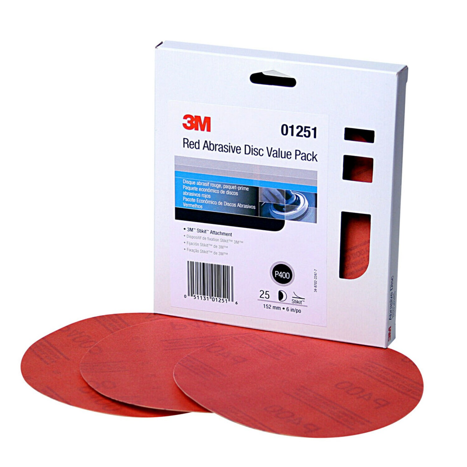 7010327777 - 3M Red Abrasive Stikit Disc Value Pack, 01251, 6 in, P400 grade, 25
discs per carton, 4 cartons per case