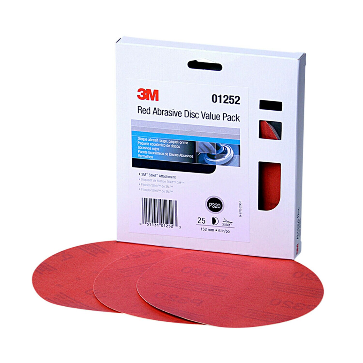 7010362823 - 3M Red Abrasive Stikit Disc Value Pack, 01252, 6 in, P320 grade, 25
discs per pack, 4 packs per case