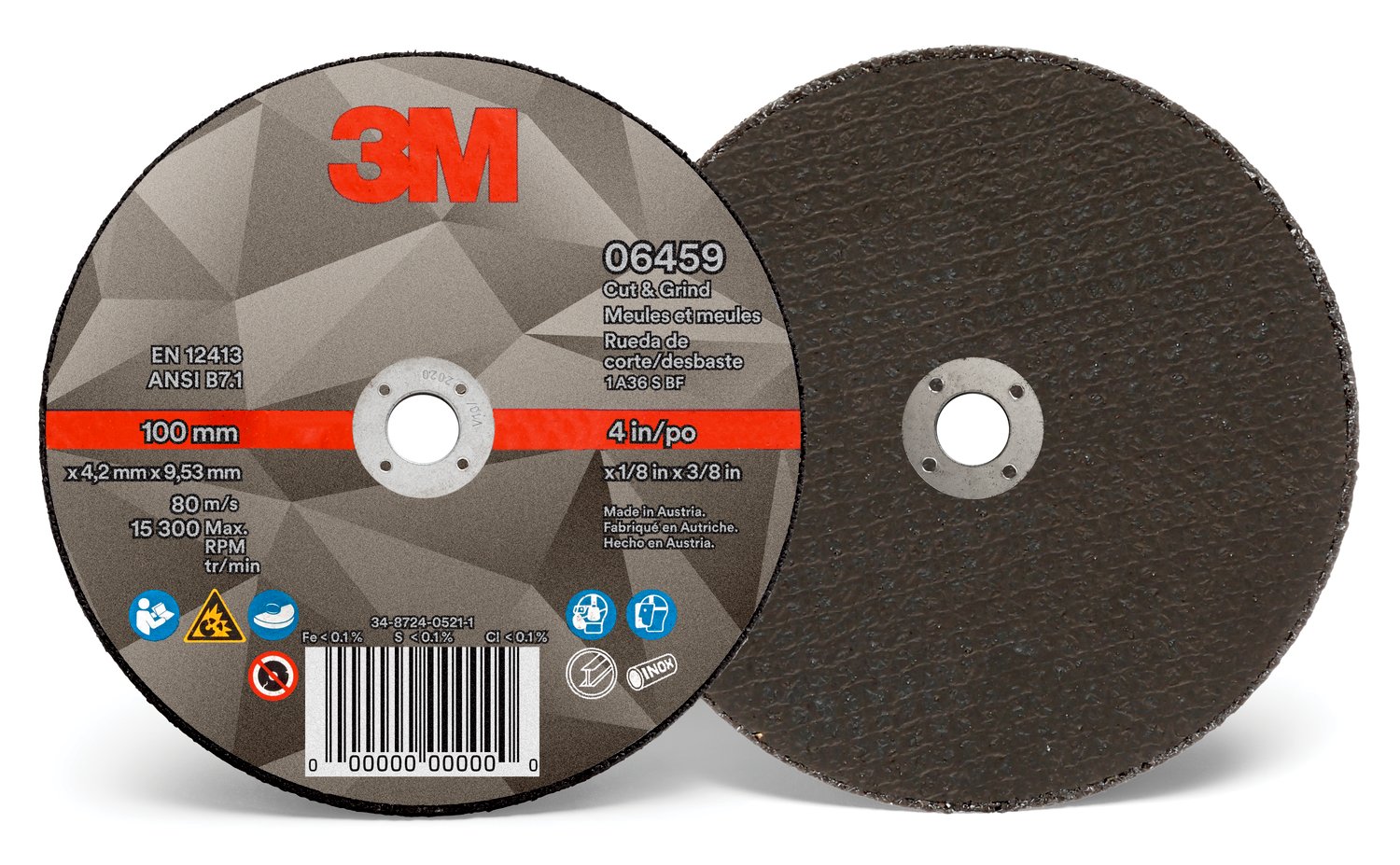 7100214075 - 3M Cut & Grind Wheel, 06459, 36+, T1, 4 in x 1/8 in x 3/8 in, 10/Pac, 20 ea/Case