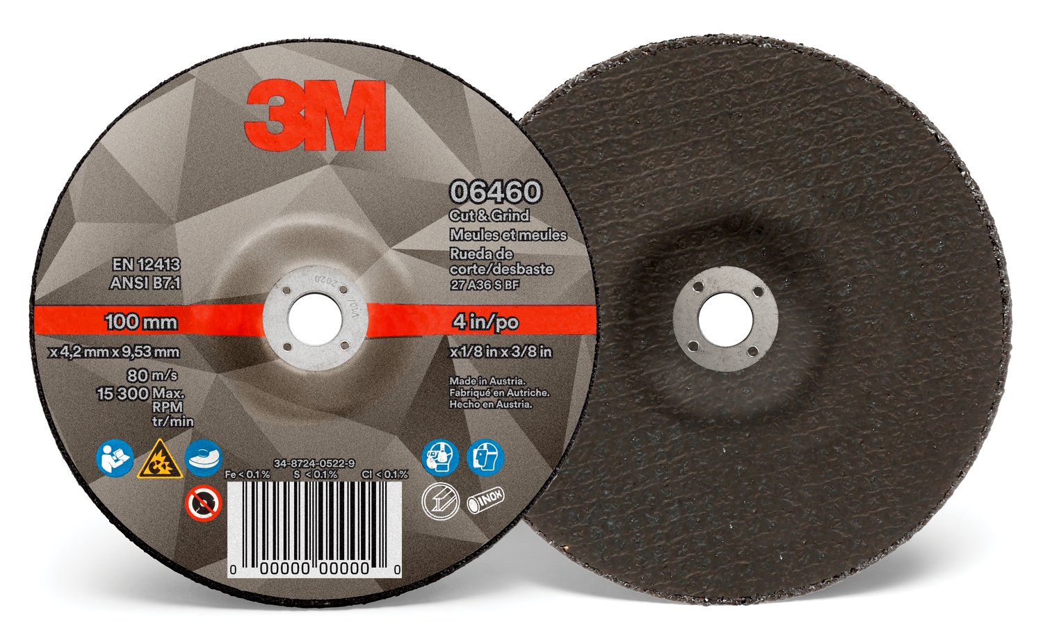 7100213972 - 3M Cut & Grind Wheel, 06460, 36+, T27, 4 in x 1/8 in x 3/8 in, 10/Pac, 20 ea/Case
