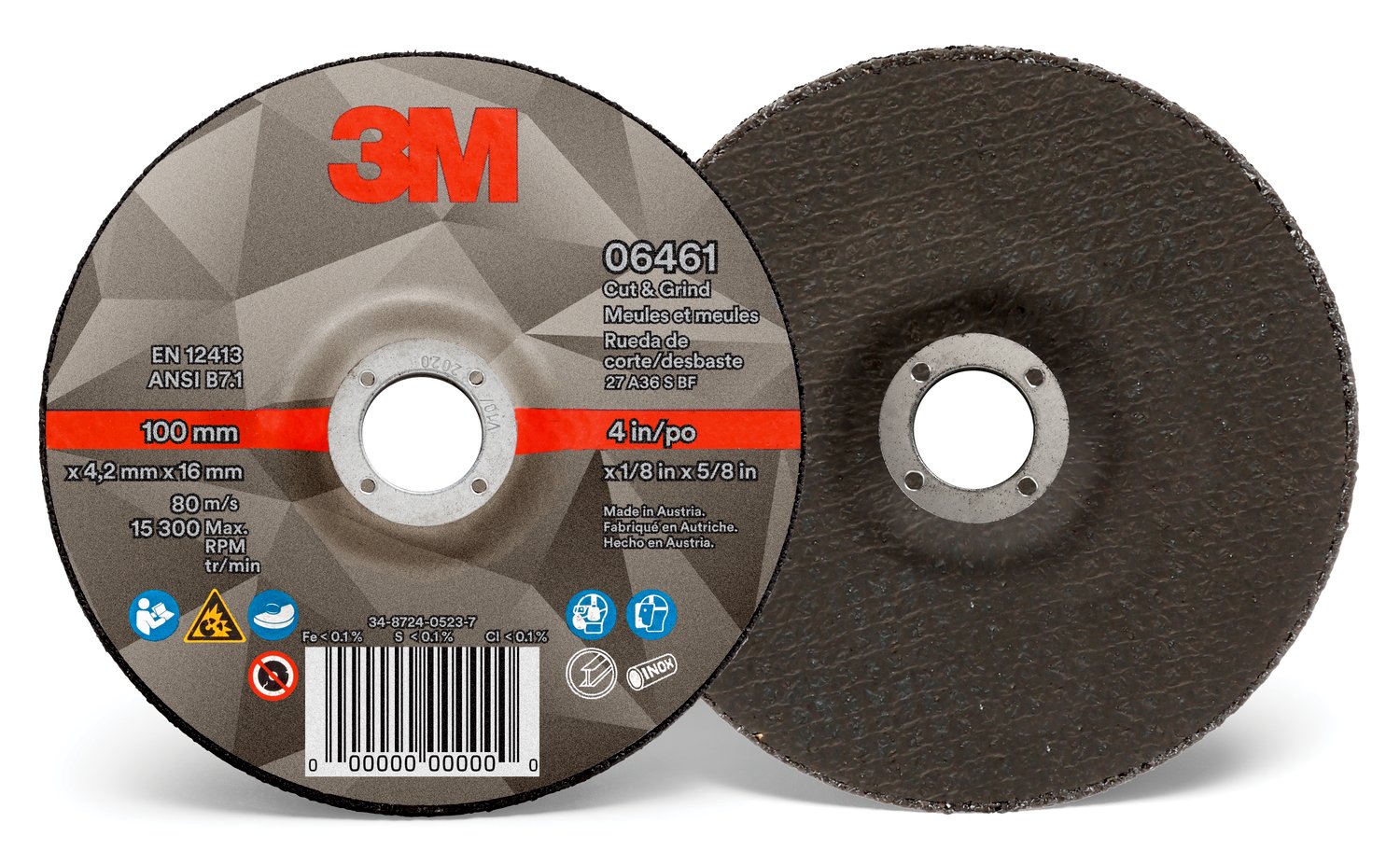7100212647 - 3M Cut & Grind Wheel, 06461, 36+, T27, 4 in x 1/8 in x 5/8 in, 10/Pac, 20 ea/Case
