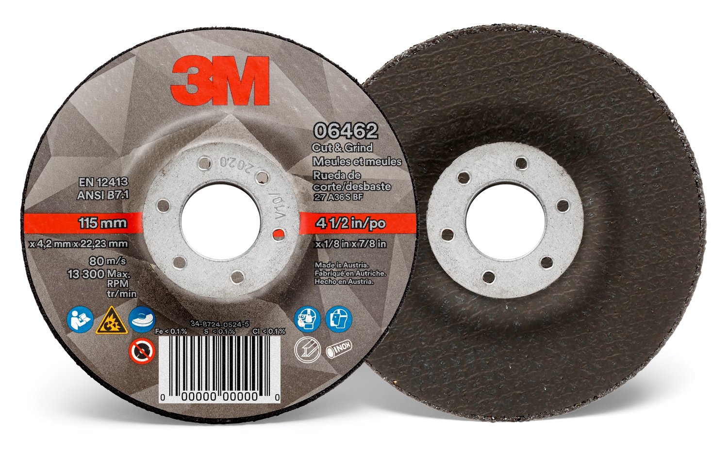 7100214084 - 3M Cut & Grind Wheel, 06462, 36+, T27, 4-1/2 in x 1/8 in x 7/8 in, 10/Carton, 20 ea/Case