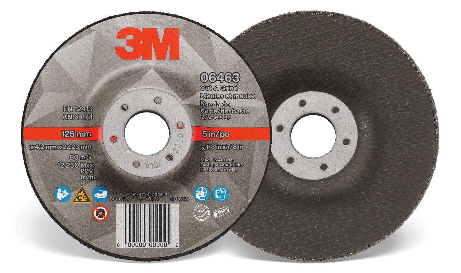 7100214086 - 3M Cut & Grind Wheel, 06463, 36+, T27, 5 in x 1/8 in x 7/8 in, 10/Carton, 20 ea/Case