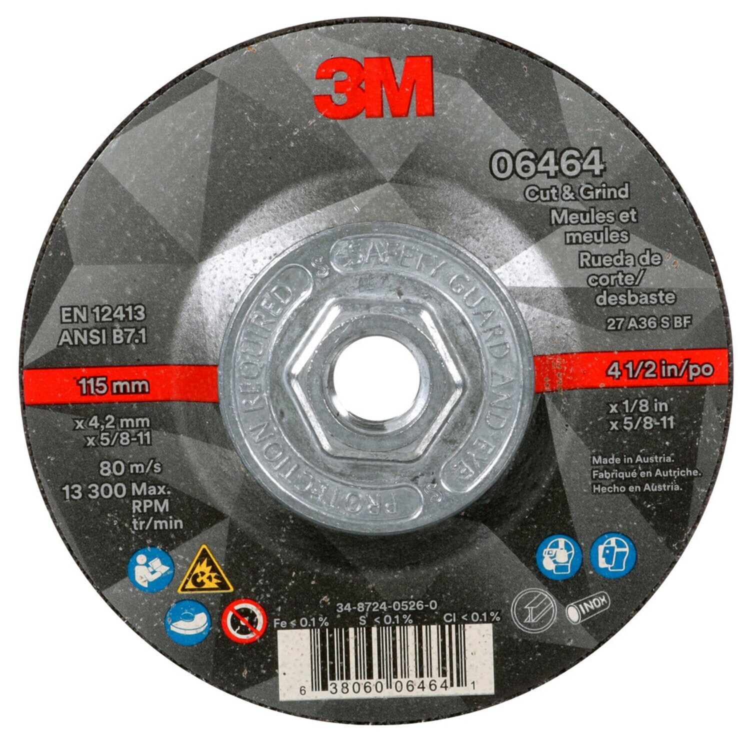 7100245014 - 3M Cut & Grind Wheel, 06464, T27, 4-1/2 in x 1/8 in x 5/8 in-11, Quick
Change, 10/Carton, 20 ea/Case