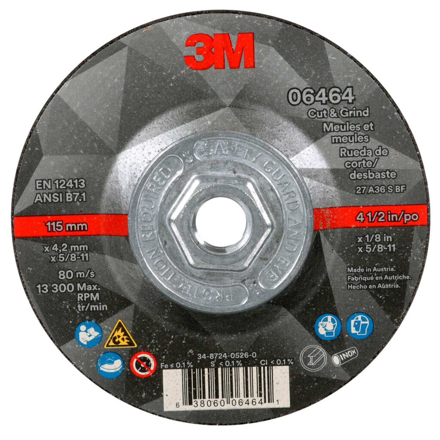 7100245014 - 3M Cut & Grind Wheel, 06464, 36+, T27 Quick Change, 4.5 in x 1/8 in x 5/8 in-11, 10/Carton, 20 ea/Case