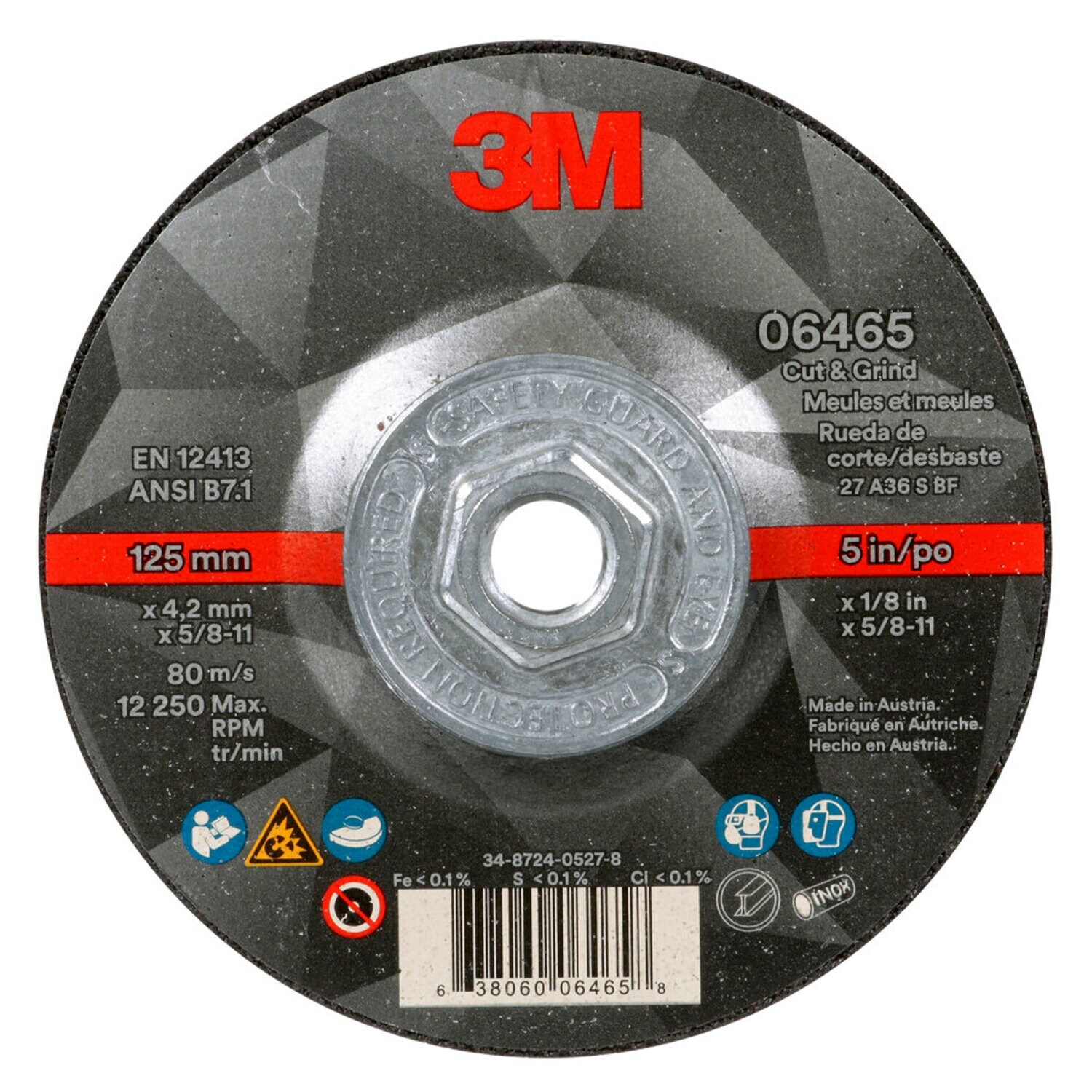 7100245015 - 3M Cut & Grind Wheel, 06465, 36+, T27 Quick Change, 5 in x 1/8 in x 5/8 in-11, 10/Carton, 20 ea/Case