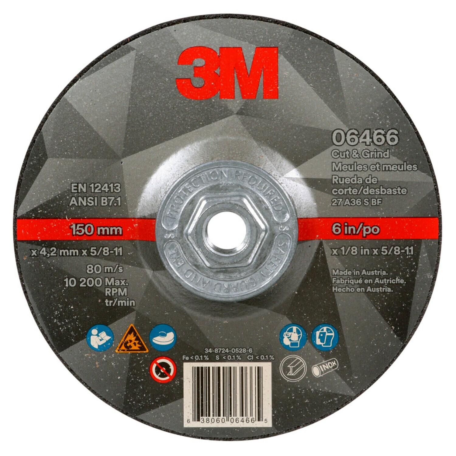 7100245021 - 3M Cut & Grind Wheel, 06466, 36+, T27 Quick Change, 6 in x 1/8 in x 5/8 in-11, 10/Carton, 20 ea/Case