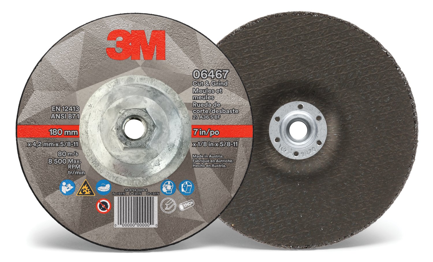 7100218056 - 3M Cut & Grind Wheel, 06467, 36+, T27 Quick Change, 7 in x 1/8 in x 5/8 in-11, 10/Carton, 20 ea/Case
