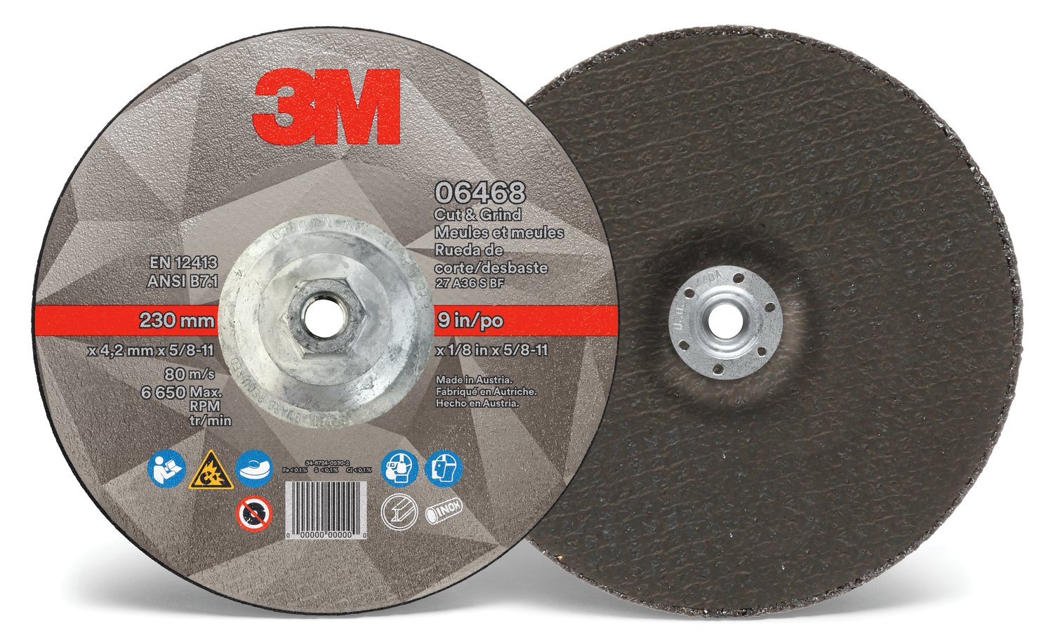 7100218043 - 3M Cut & Grind Wheel, 06468, 36+, T27 Quick Change, 9 in x 1/8 in x 5/8 in-11, 10/Carton, 20 ea/Case