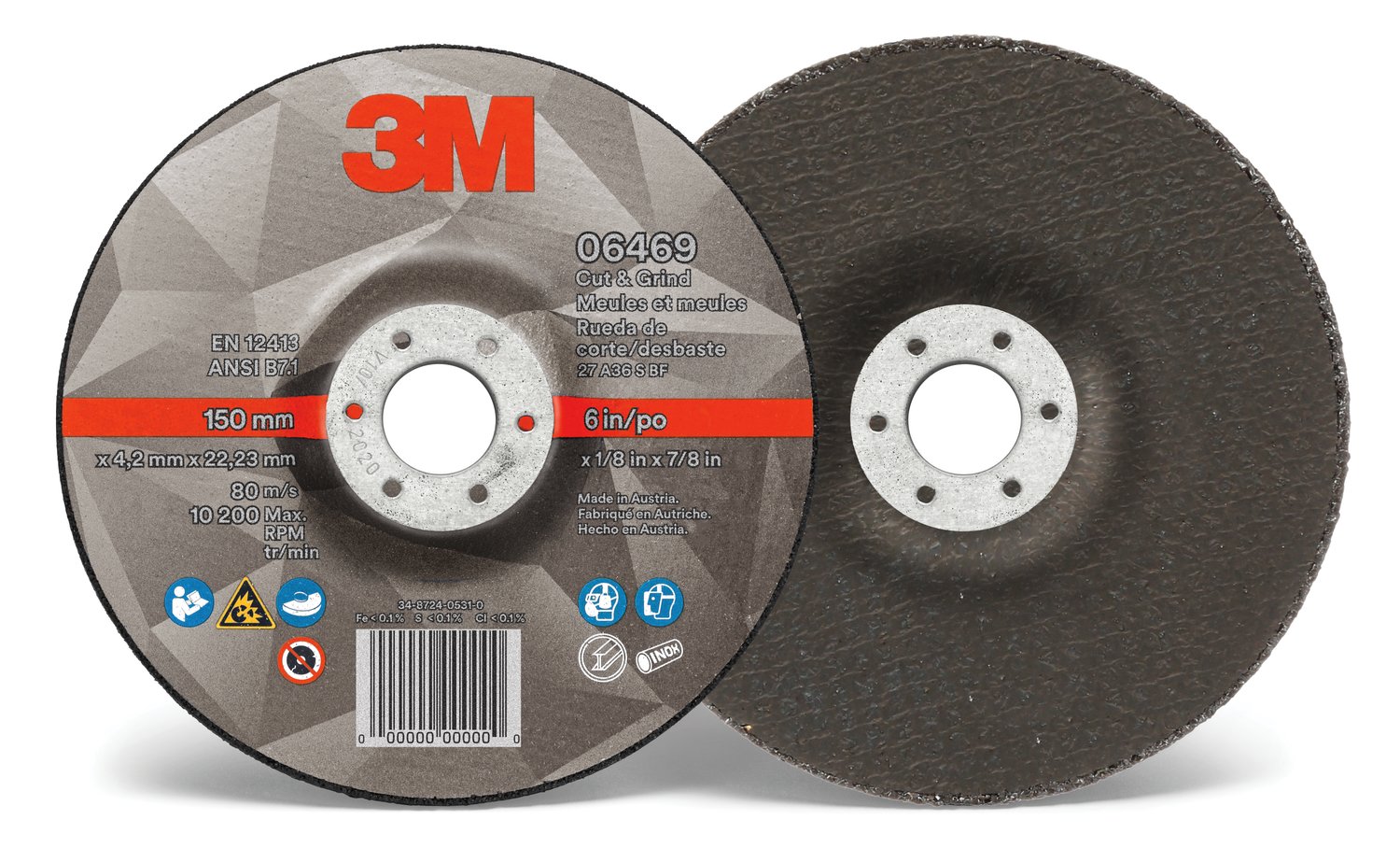 7100219761 - 3M Cut & Grind Wheel, 06469, 36+, T27, 6 in x 1/8 in x 7/8 in, 10/Carton, 20 ea/Case