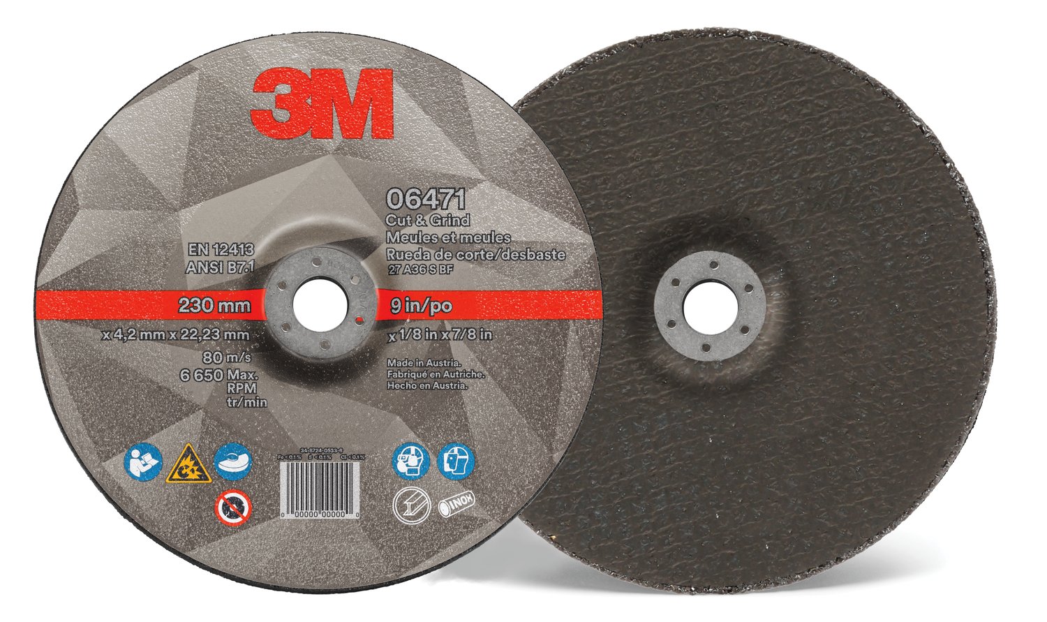 7100219186 - 3M Cut & Grind Wheel, 06471, 36+, T27, 9 in x 1/8 in x 7/8 in, 10/Carton, 20 ea/Case