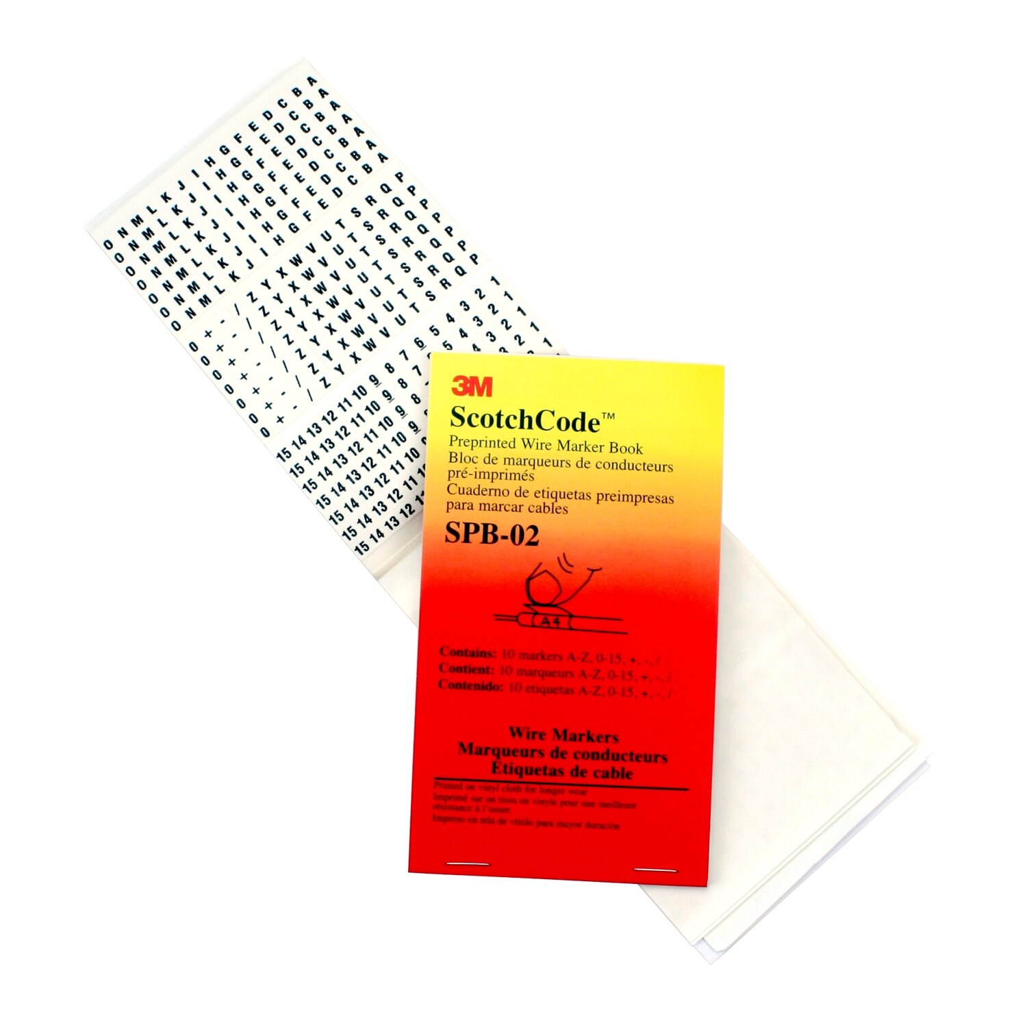 7000132482 - 3M ScotchCode Pre-Printed Wire Marker Book SPB-05, black print on a white background highlights the characters, 5/Bag