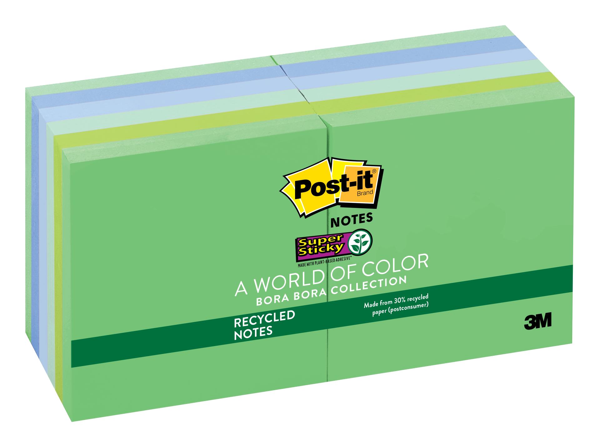 7010332776 - Post-it® Super Sticky Recycled Notes 654-12SST, 3 in x 3 in (76 mm x 76 mm) Bora Bora Collection