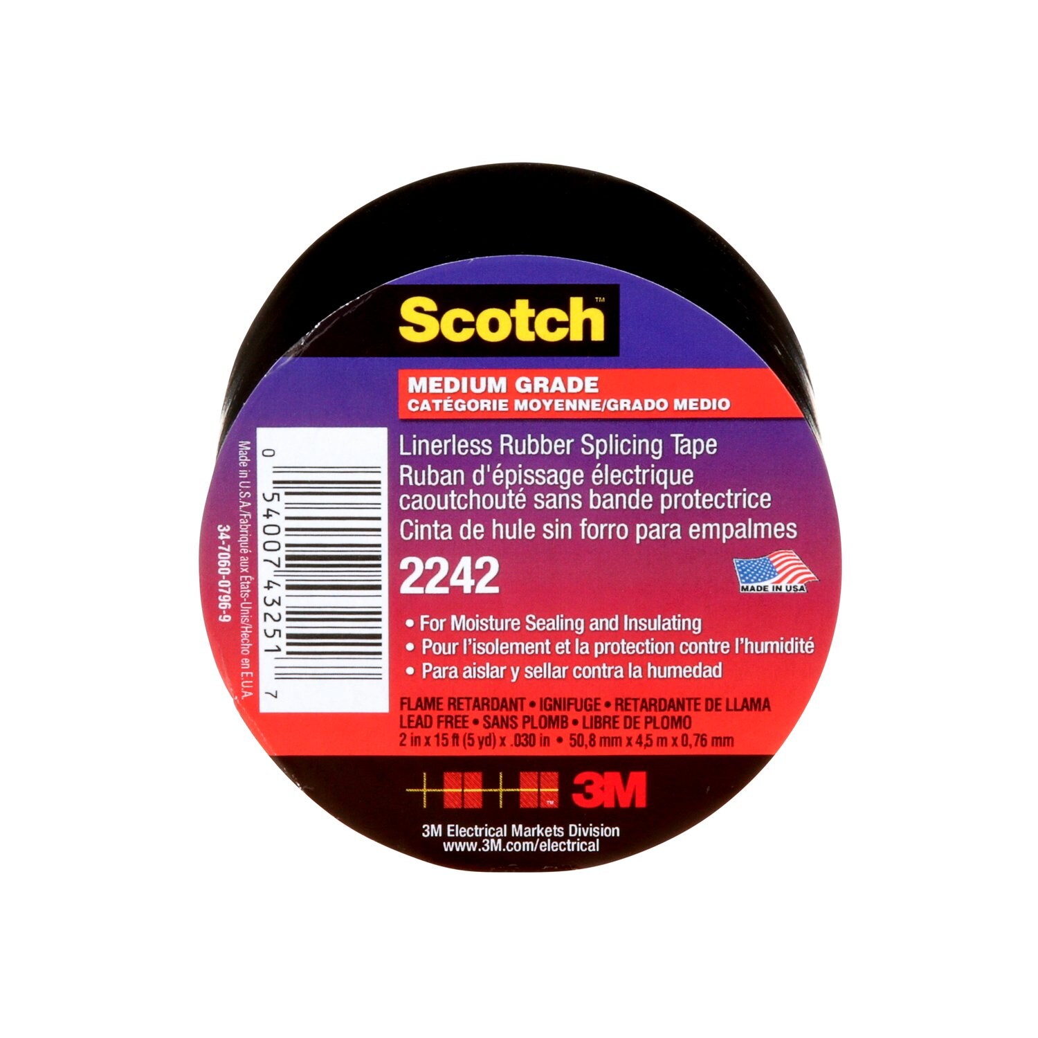 7000132759 - 3M Linerless Electrical Rubber Tape 2242, 2 in x 15 ft, 1 in core, Black, 1 roll/carton, 8 rolls/case