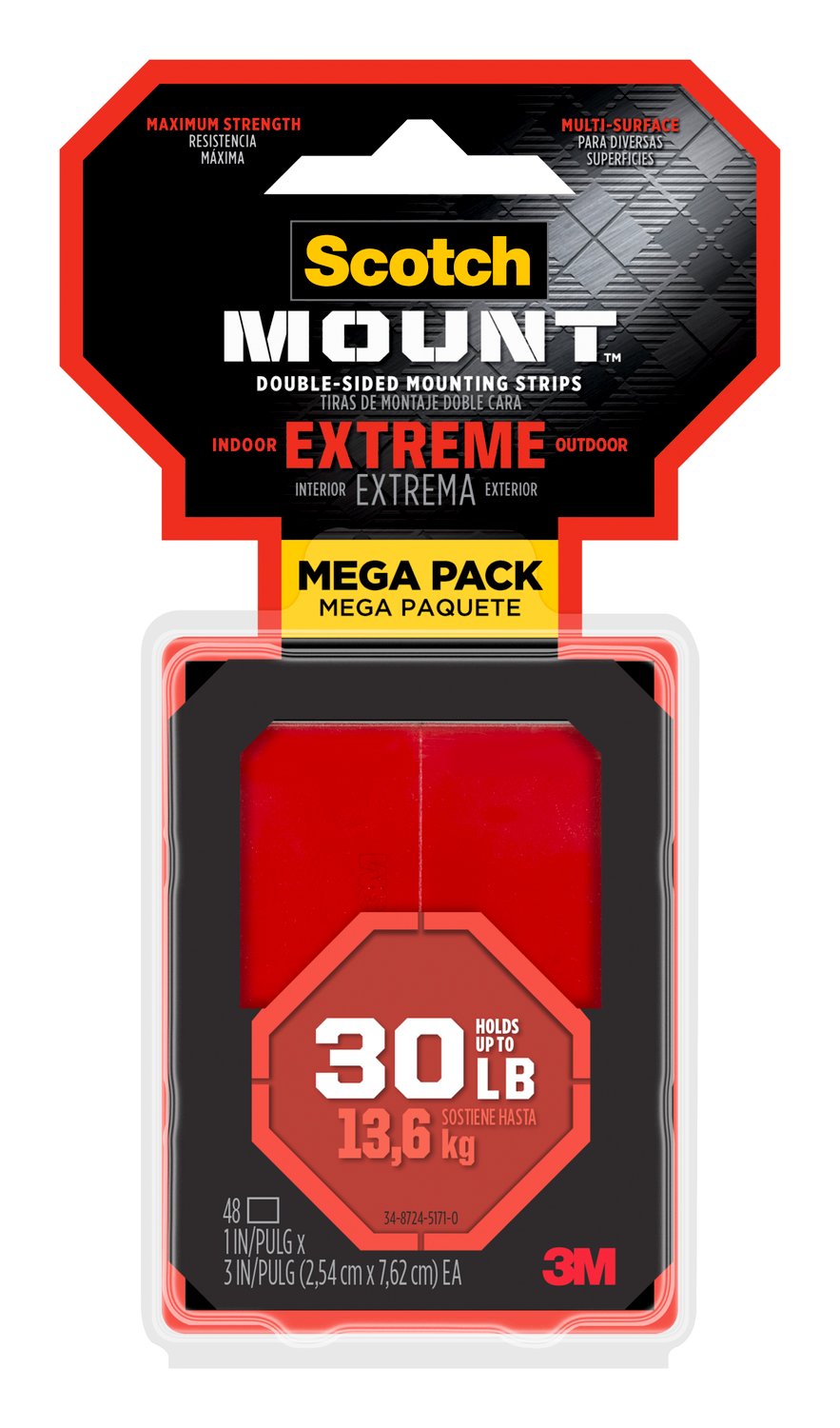7100205647 - Scotch-Mount Extreme Double-Sided Mounting Strips Mega Pack 414H-ST-MP-DC, 1 In X 3 In (2,54 Cm X 7,62 Cm) Ea, 48 Strips