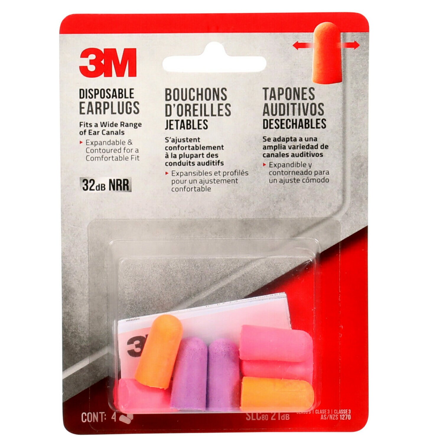7100156958 - 3M Disposable Earplugs, 92050H4-DC, Multicolor, 4 pairs/pack, 10 packs/case