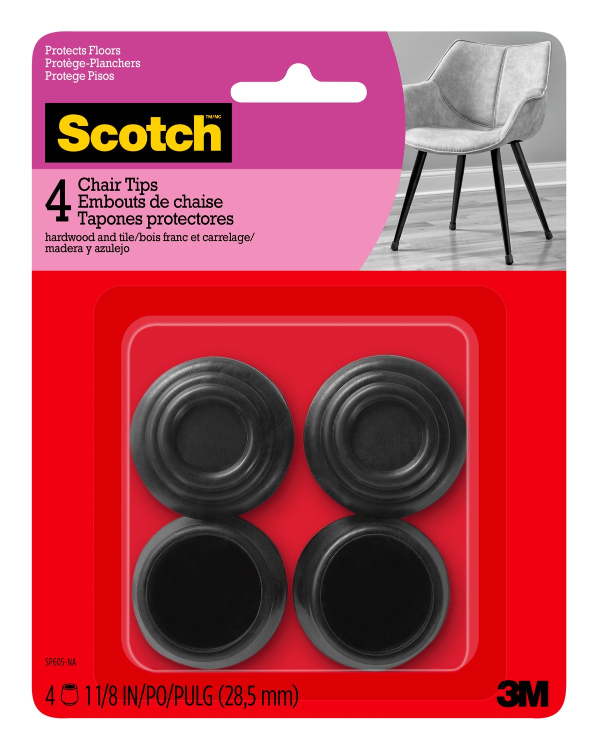 7100185137 - Scotch Chair Tips SP605-NA, Black Rubber 1-1/8-in 4/pk