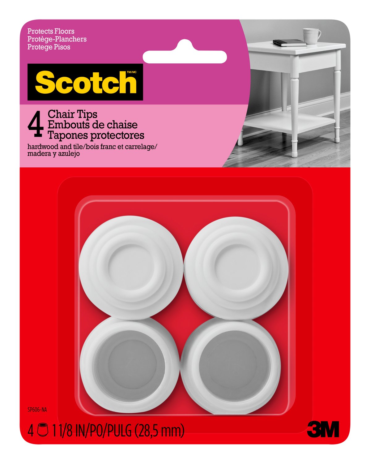 7100193955 - Scotch Chair Tips SP606-NA, White Rubber 1-1/8-In 4/Pk