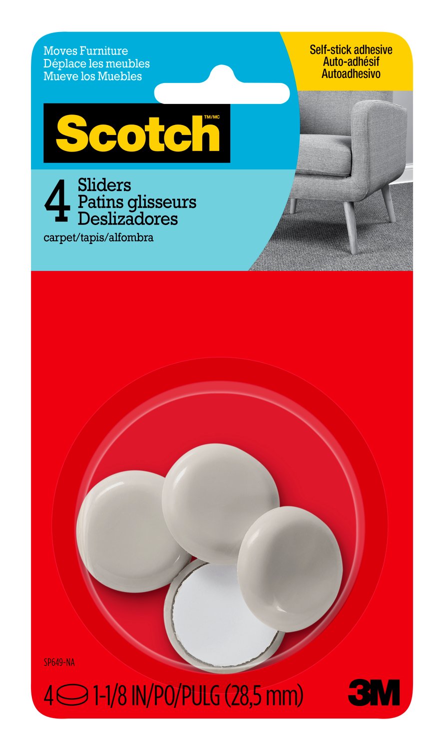 7100185742 - 3M Scotch Sliders, 1 1/8 in, Adhesive, Hard, 4/Pack