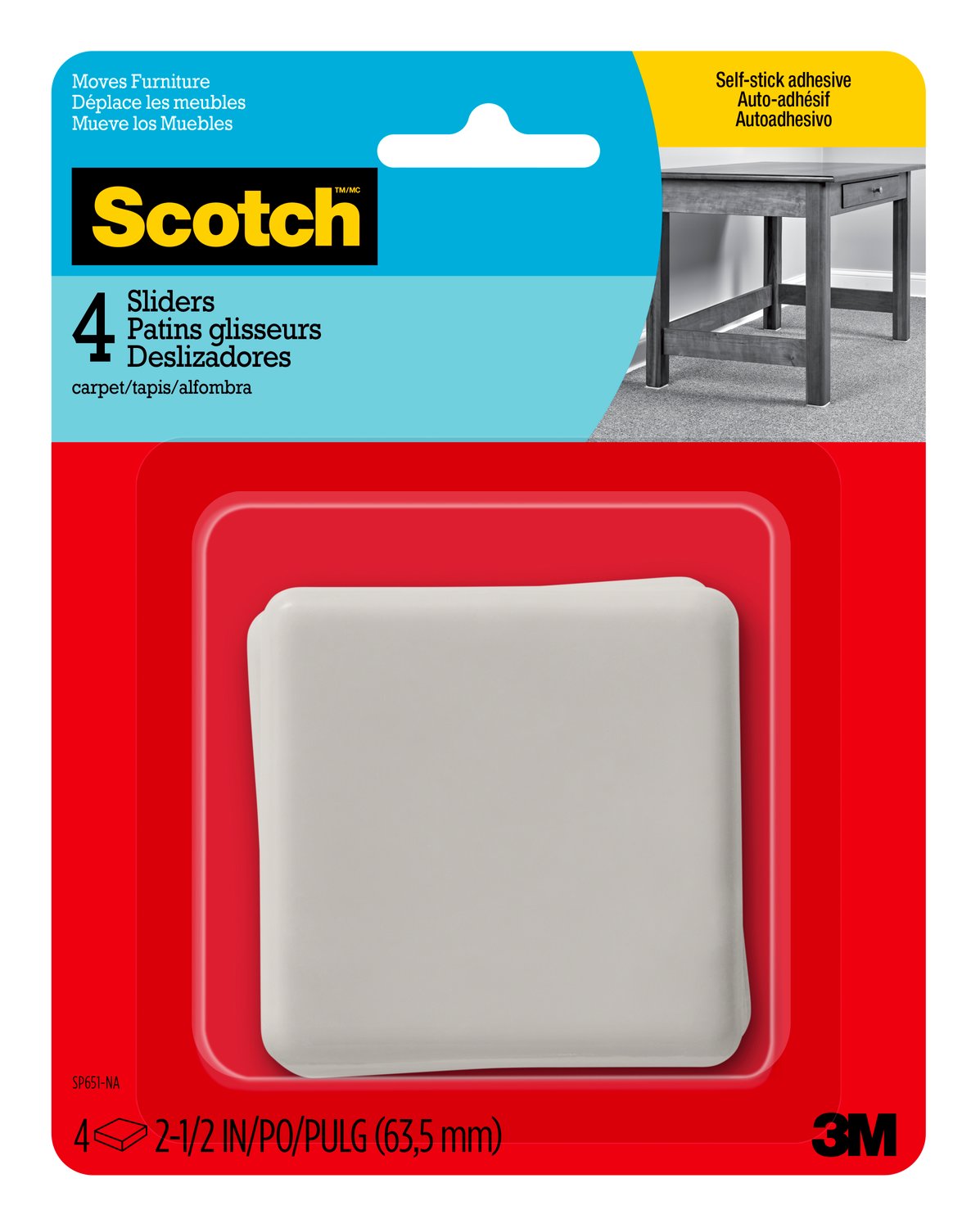 7100189317 - Scotch Sliders SP651-NA, Adhesive Hard Square 2.5-In 4/Pk