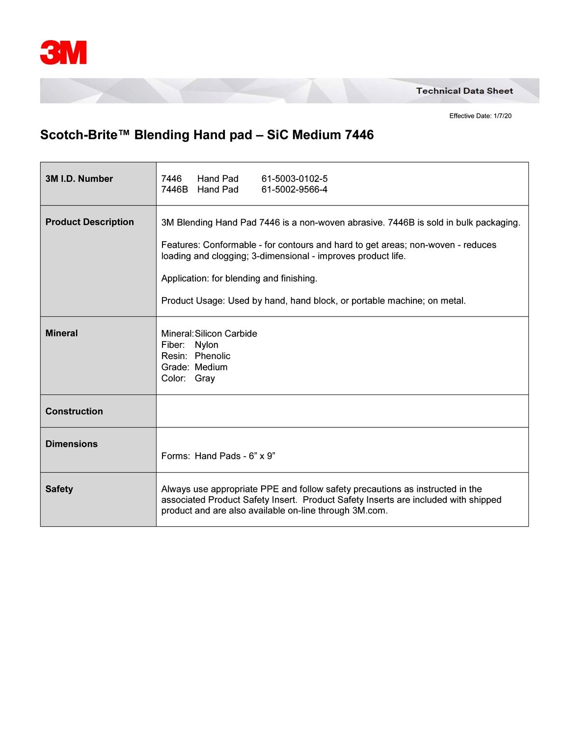 Scotch-Brite™ Blending Hand Pad 7446, 152 mm x 228 mm, S MED