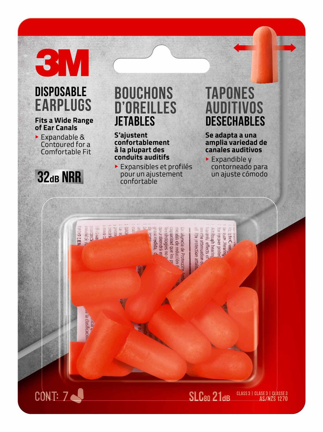 7100155188 - 3M Disposable Earplugs, 92077H7-DC, 7 pairs/pack, 20 packs/case
