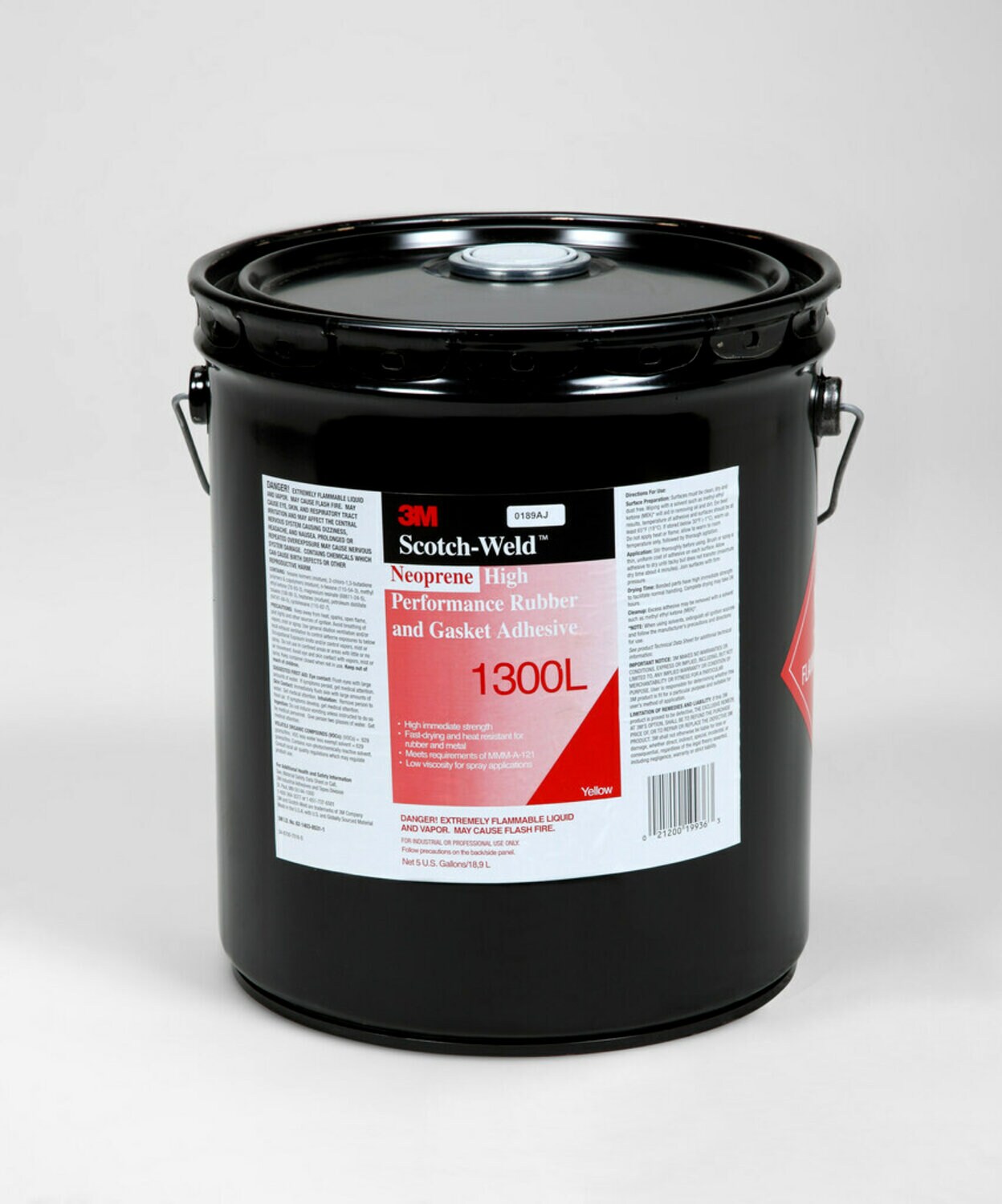 7100022994 - 3M Neoprene High Performance Rubber and Gasket Adhesive 1300L, Yellow, 5 Gallon Pour Spout (Pail), Drum